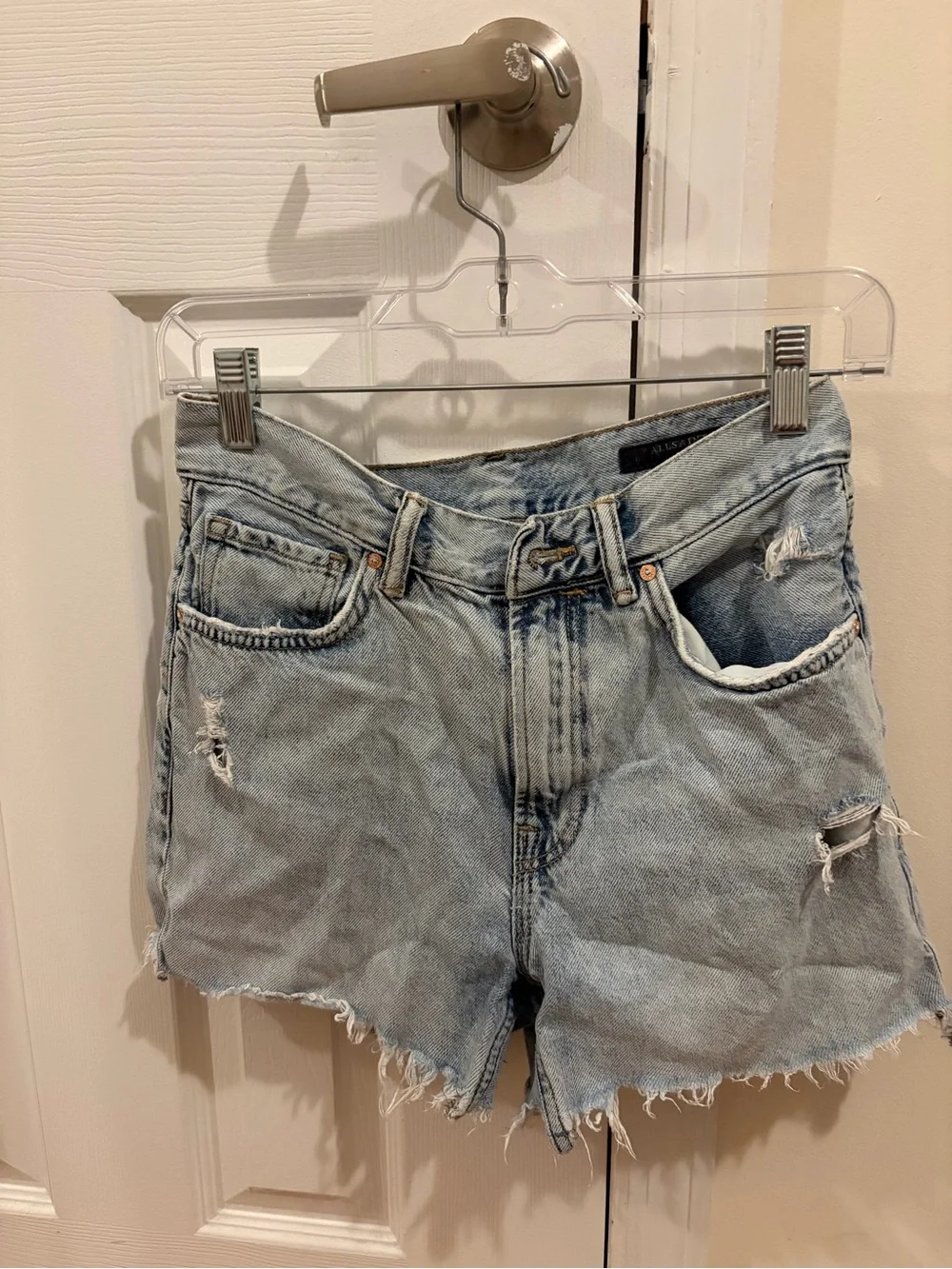 AllSaints Light Blue Distressed Denim Shorts